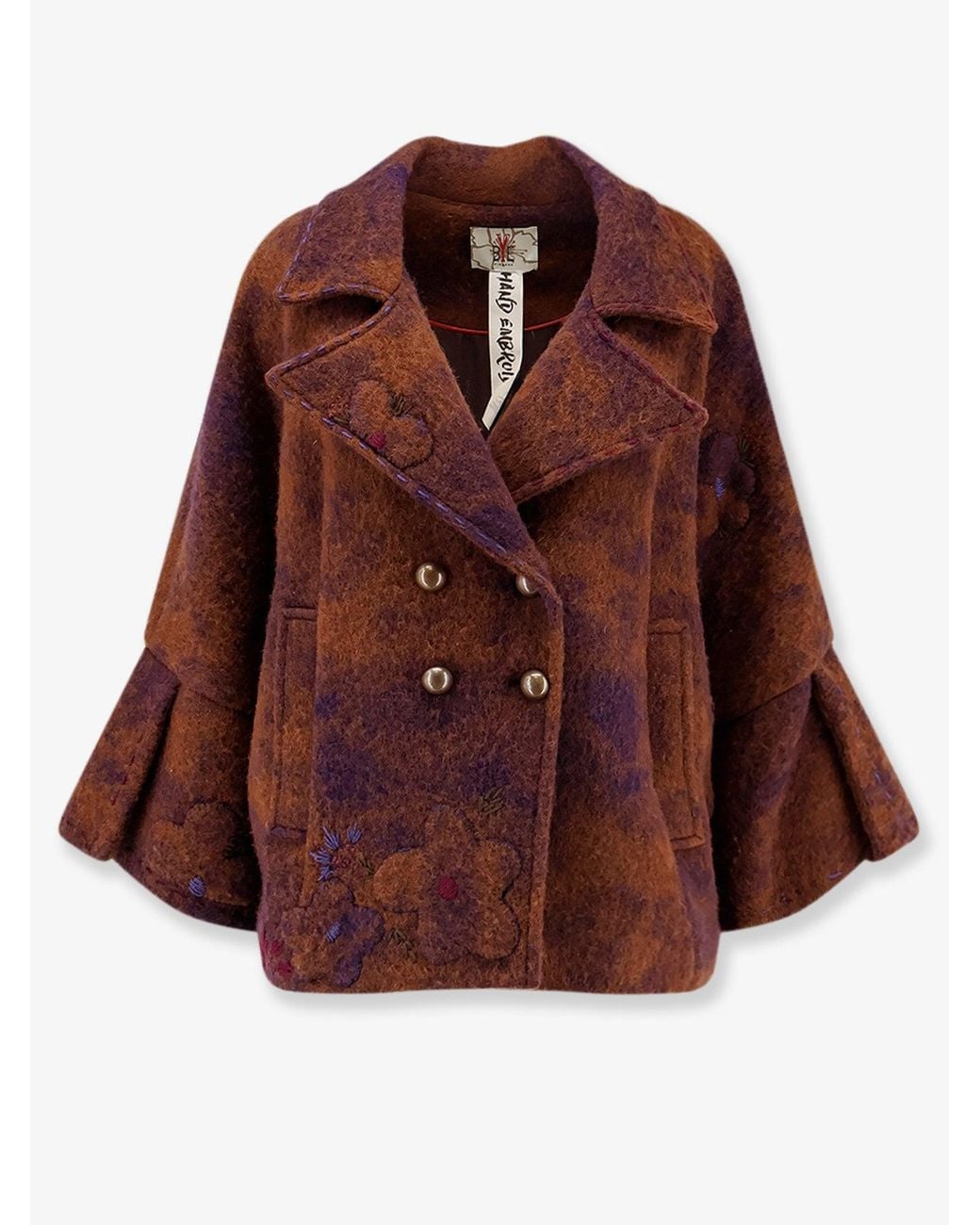 BYE Firenze Brown Wool Blend Coat With Floral Embroidery