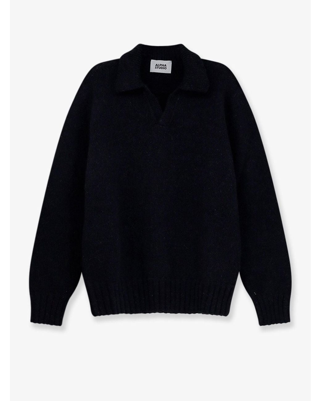 Alpha Studio Blue Wool Blend Ribbed Collar Sweater for men