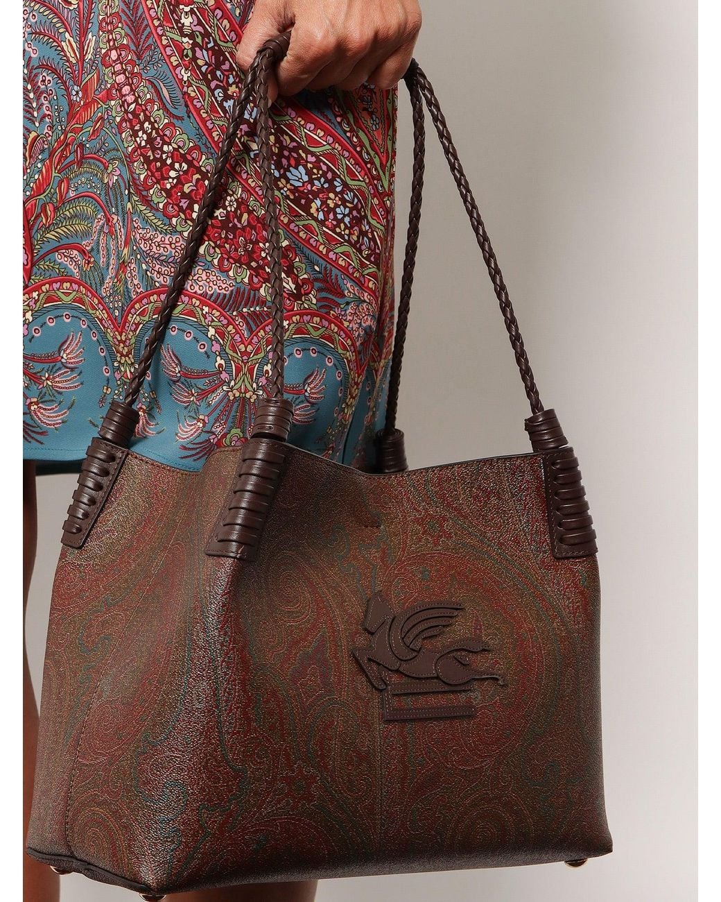 Etro Brown Libra M Arnica Paisley Fabric Shopping Bag