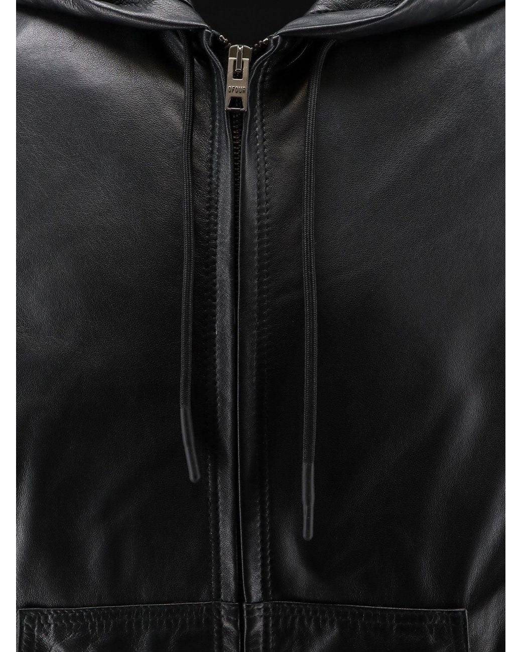 DFOUR® Black Hooded Leather Jacket for men