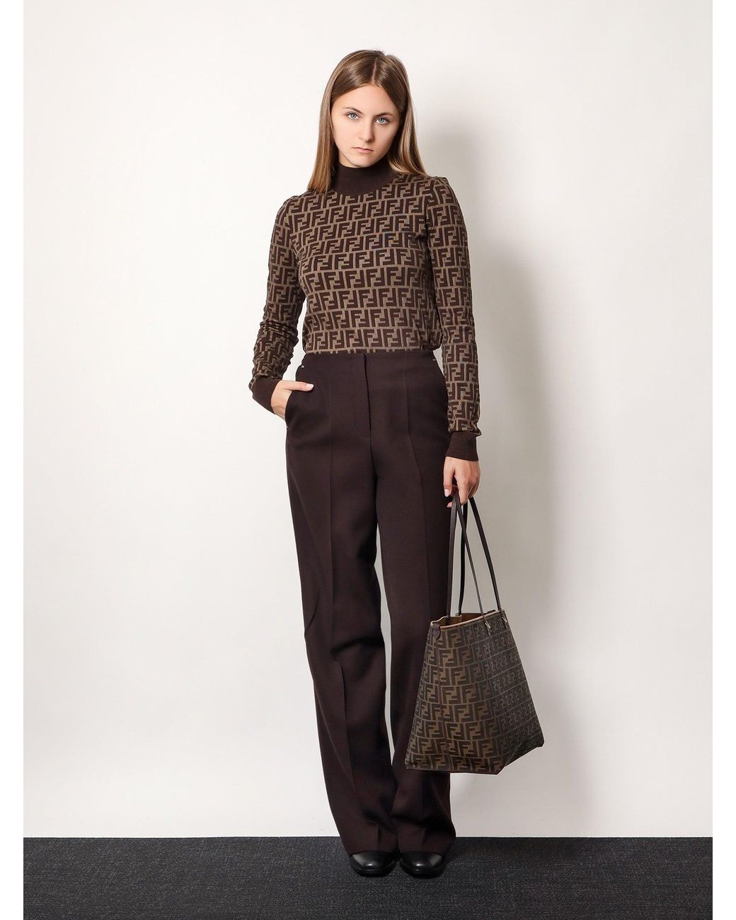 Fendi Brown Virgin Wool Trousers With Metal Ff Details