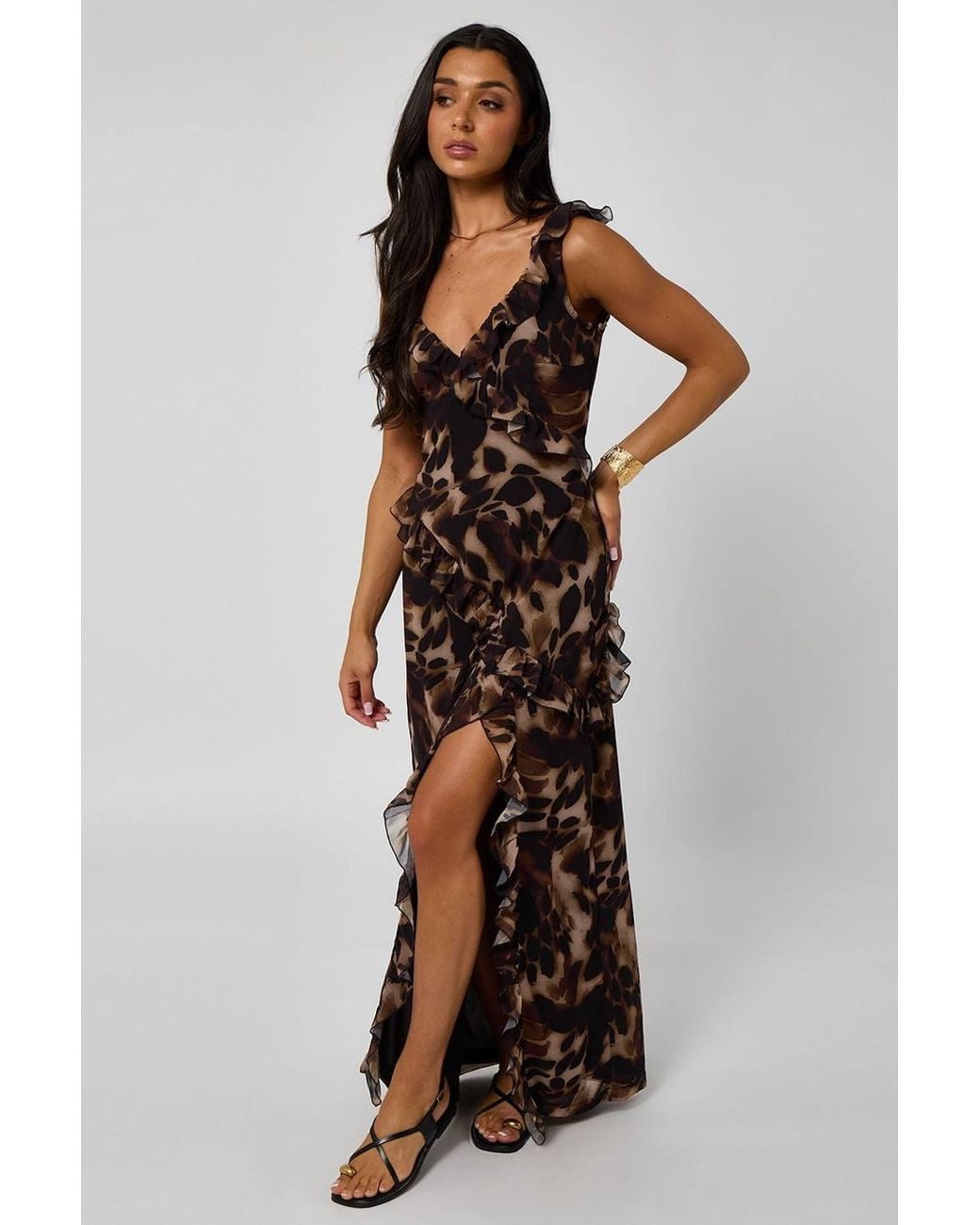 Urban Bliss Brown Tort Print Ruffle Maxi Dress