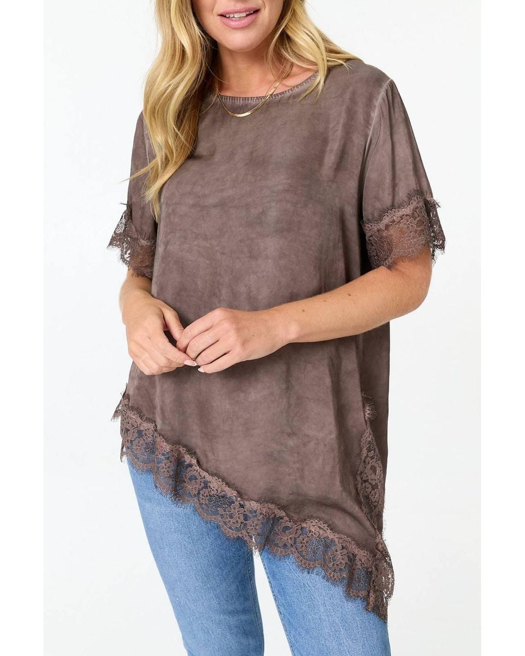 Izabel London Brown Lace Trim Asymmetric 1/2 Sleeve Top