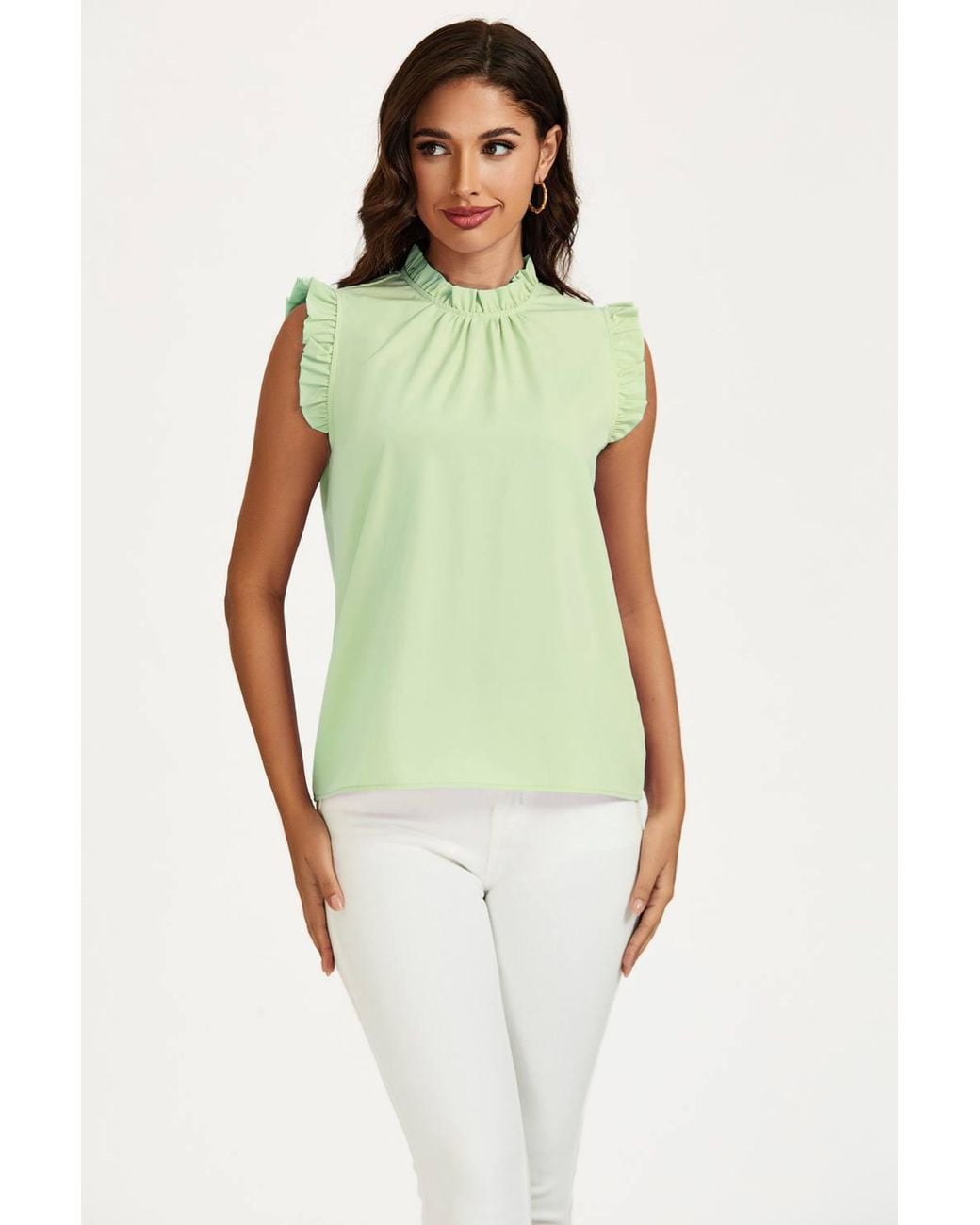 FS Collection Green Frill Trim Sleeve Frill Neck Blouse Top