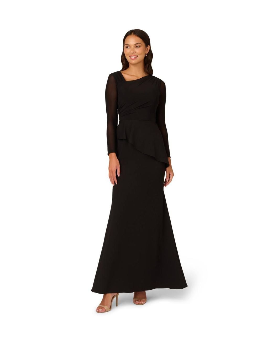 Adrianna Papell Black Knit Crepe Combo Mesh Gown Dress