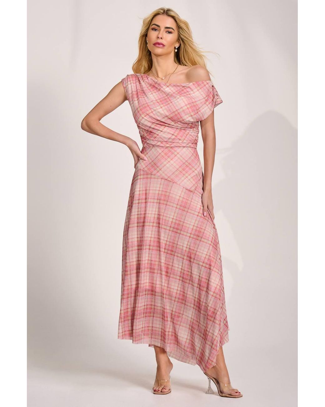 Jolie Moi Pink Asymmetric Draped Mesh Maxi Dress