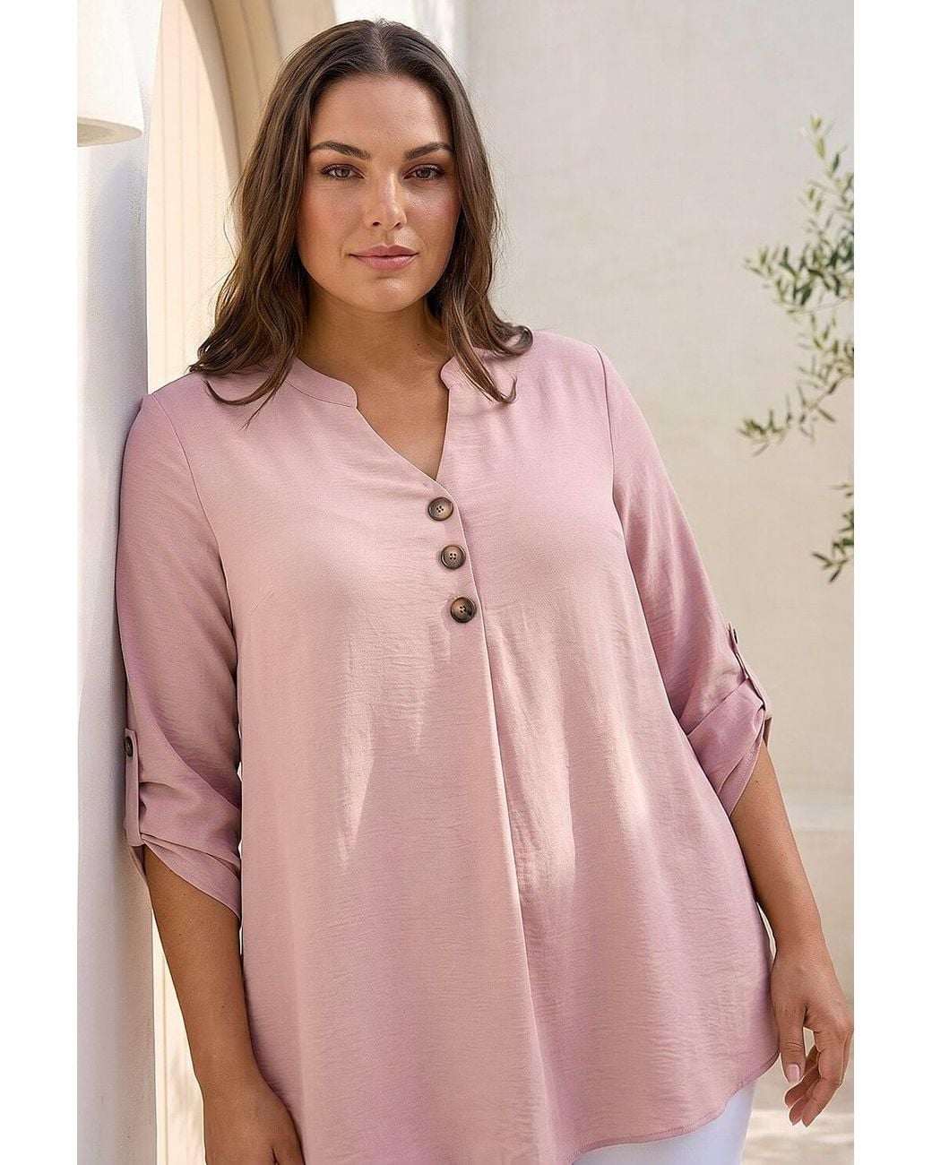 Roman Pink Curve Textured Buttoned Tunic Top