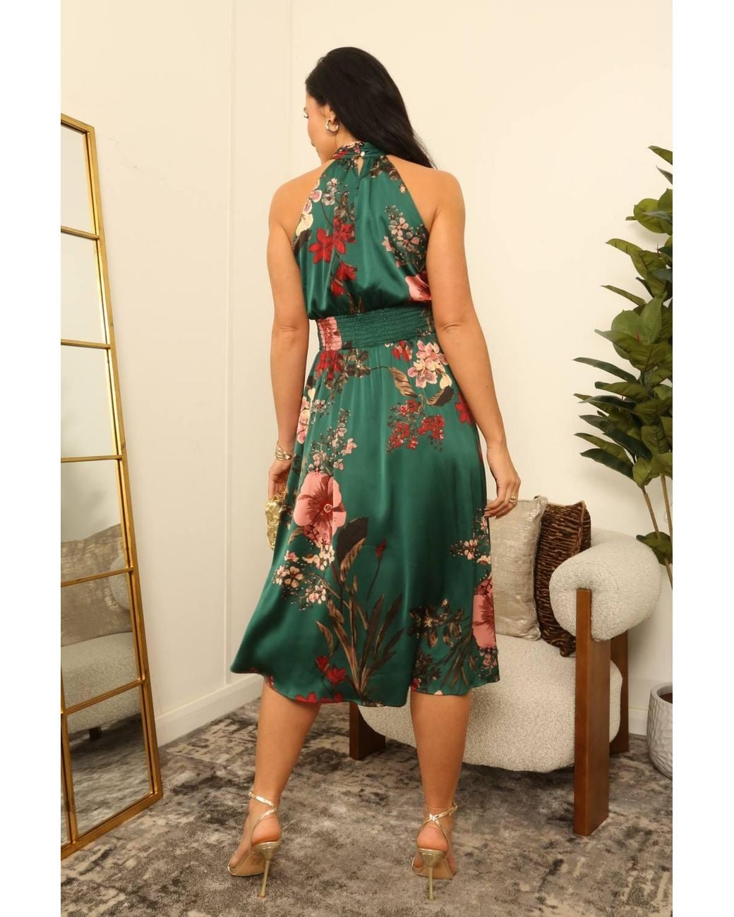 Double Second Green Printed Halterneck Satin Dress