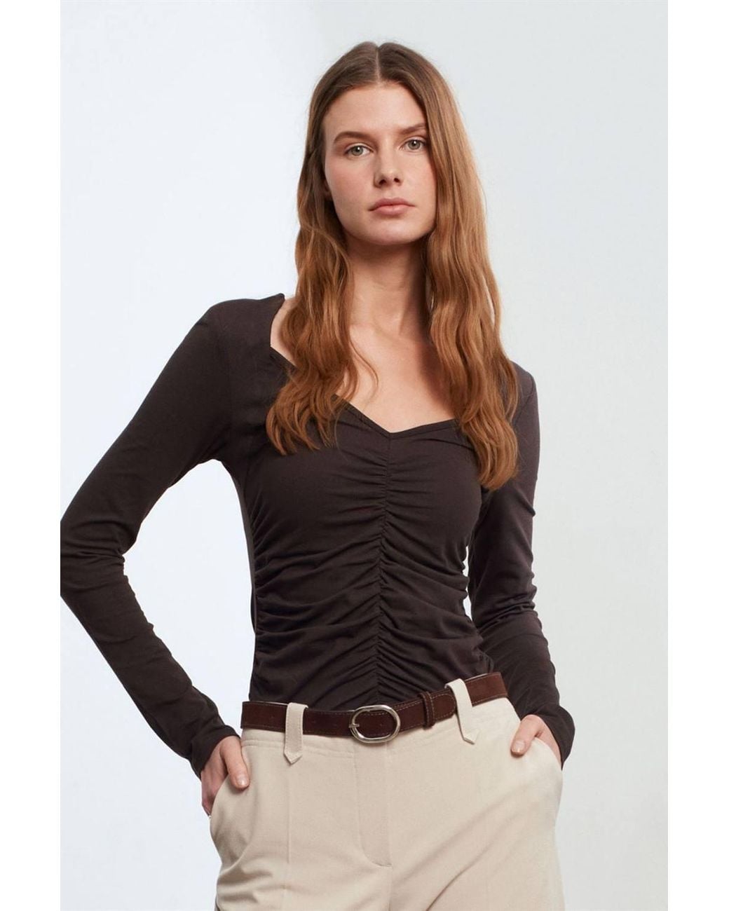 Dilvin Black Slim Fit V-Neck Jersey Blouse