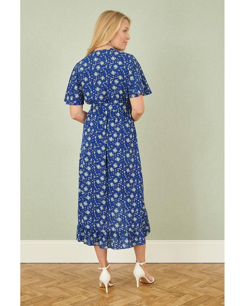 Yumi' Blue Floral Wrap Dress W/ Frill Hem