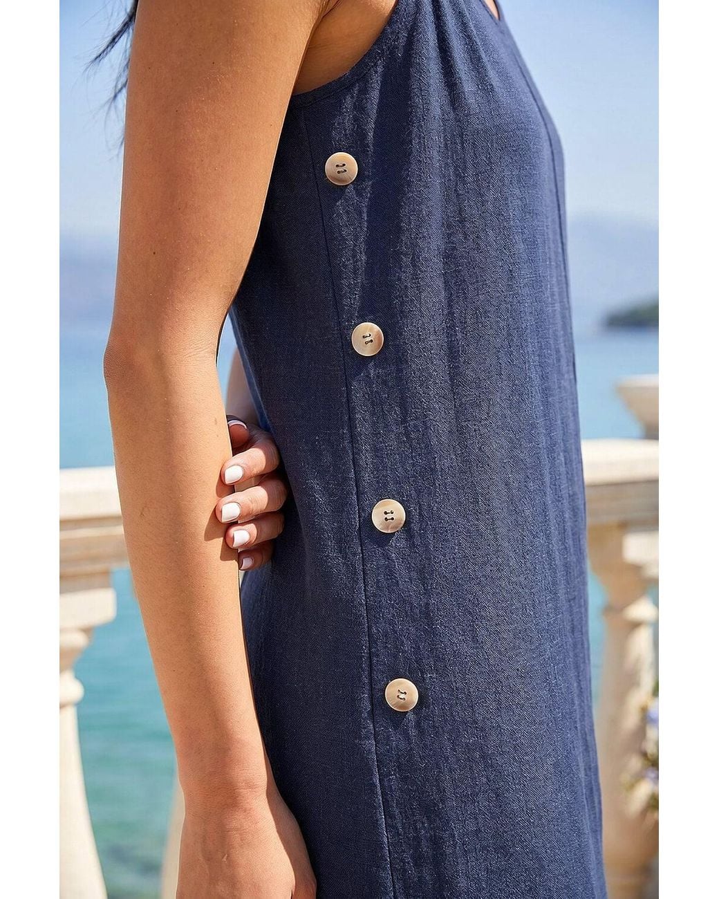 Roman Blue Petite Side Button Linen Blend Dress