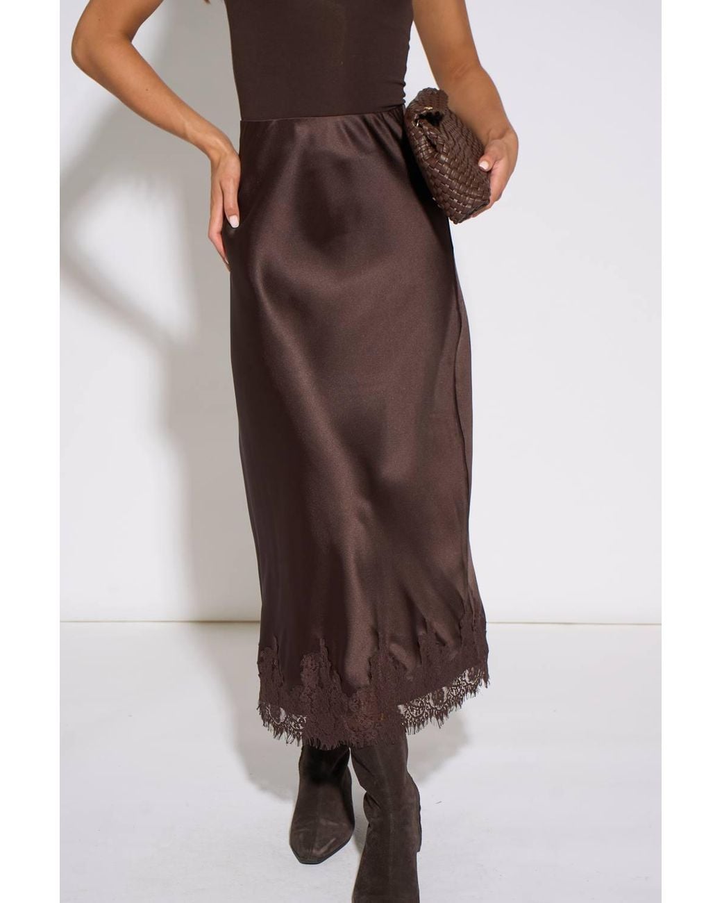 Gini London Brown Contrast Lace Trim Satin Bias Skirt