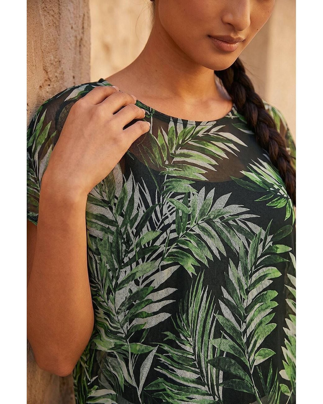 Roman Green Palm Print Mesh Overlay Top
