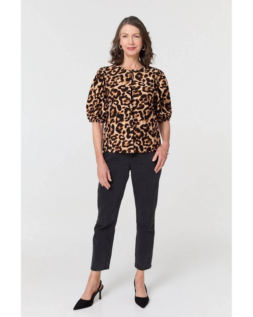 Izabel London Brown Animal Print Bow Front Puff Sleeve Shirt