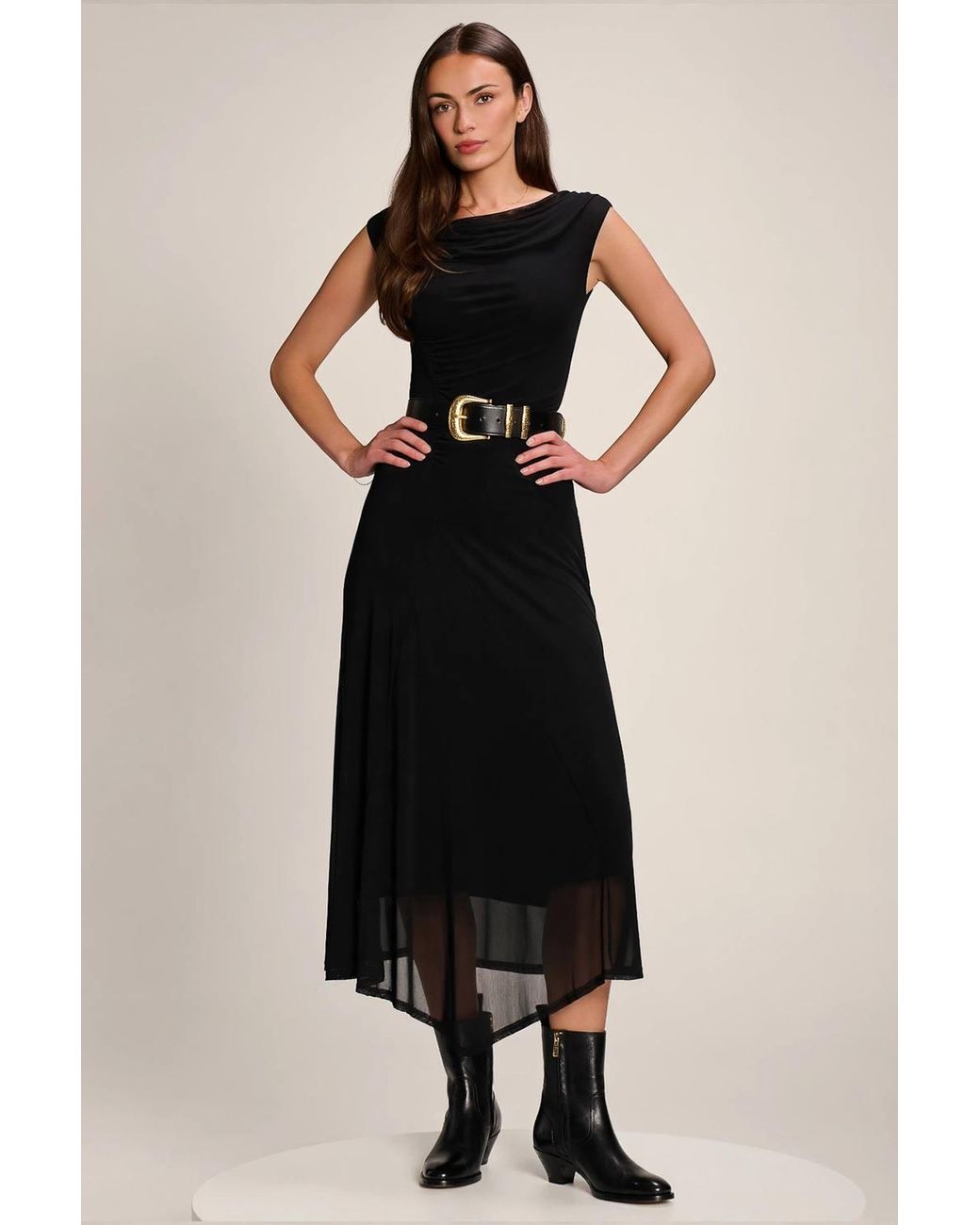 Jolie Moi Black Asymmetric Draped Mesh Maxi Dress