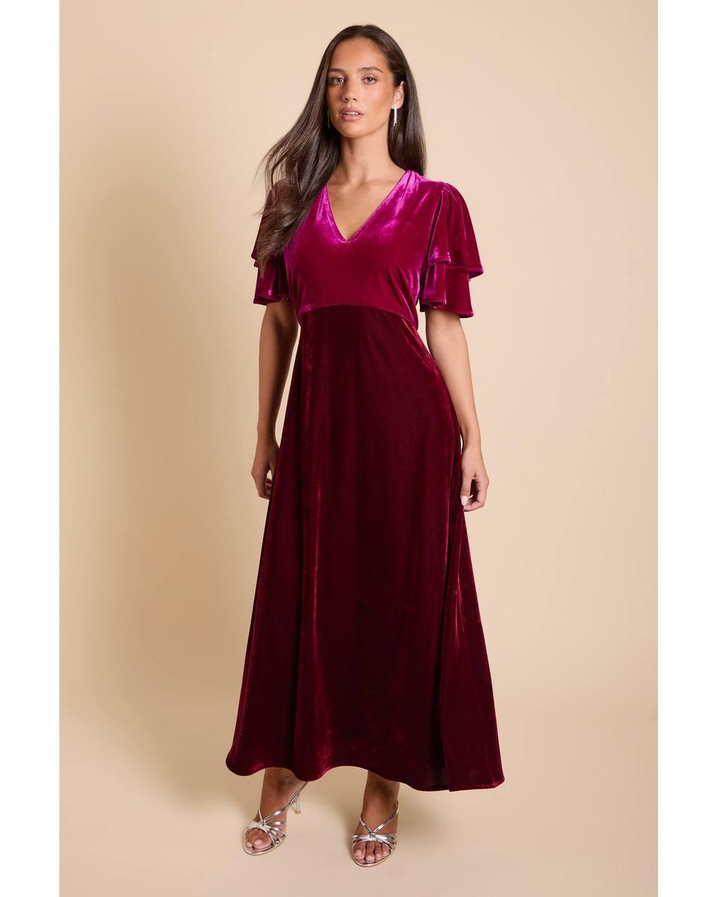 Dorothy Perkins Red Dp Luxe Velvet Double Flutter Colour Block Midi Dress