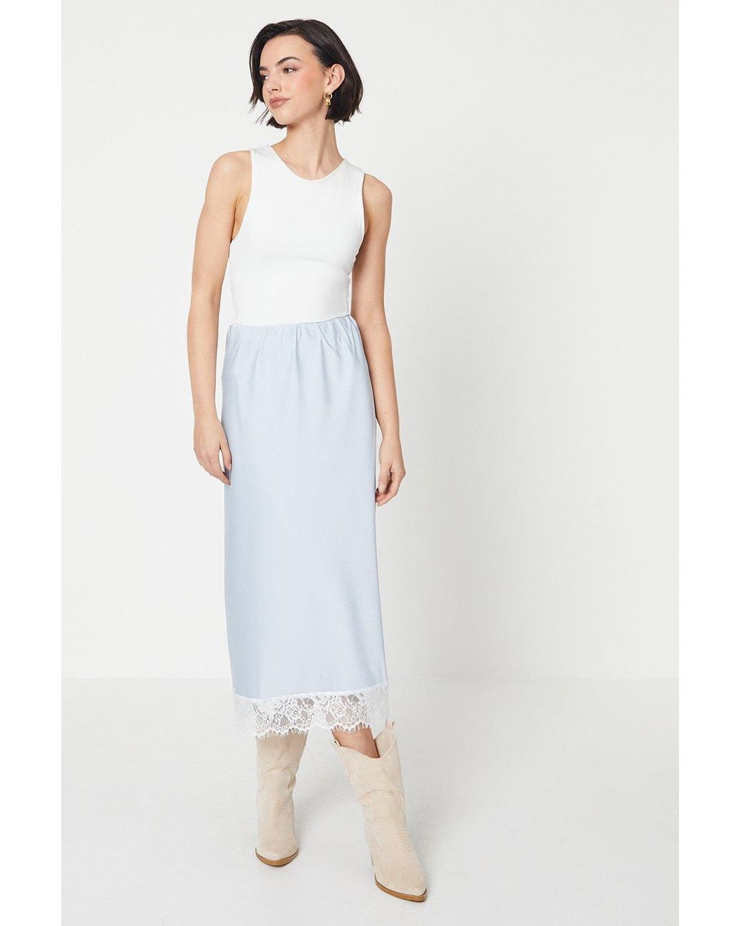 Oasis White Lace Hem Satin Midi Skirt