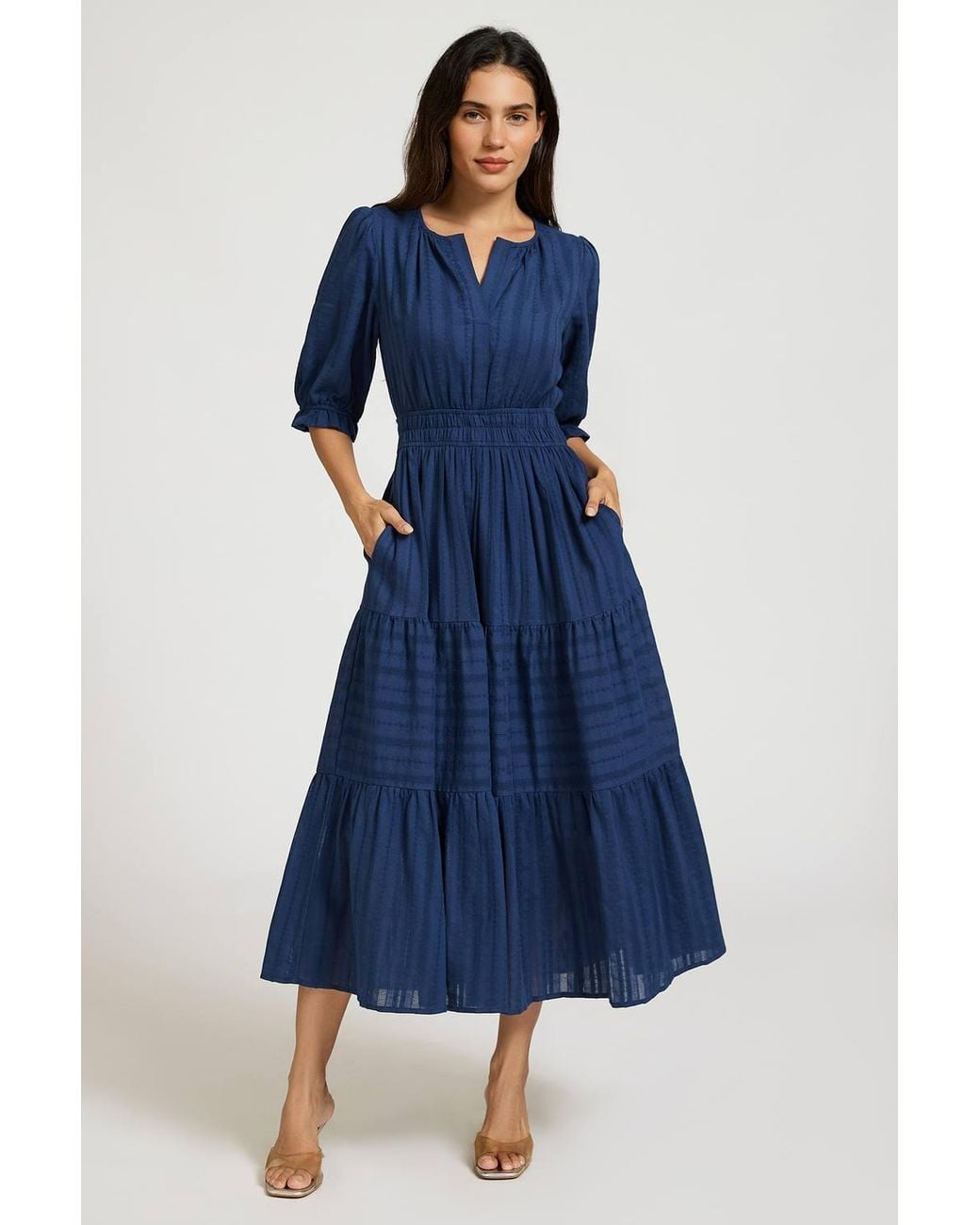 FS Collection Blue Half Sleeve Cotton Floral Jacquard Tiered Midi Dress