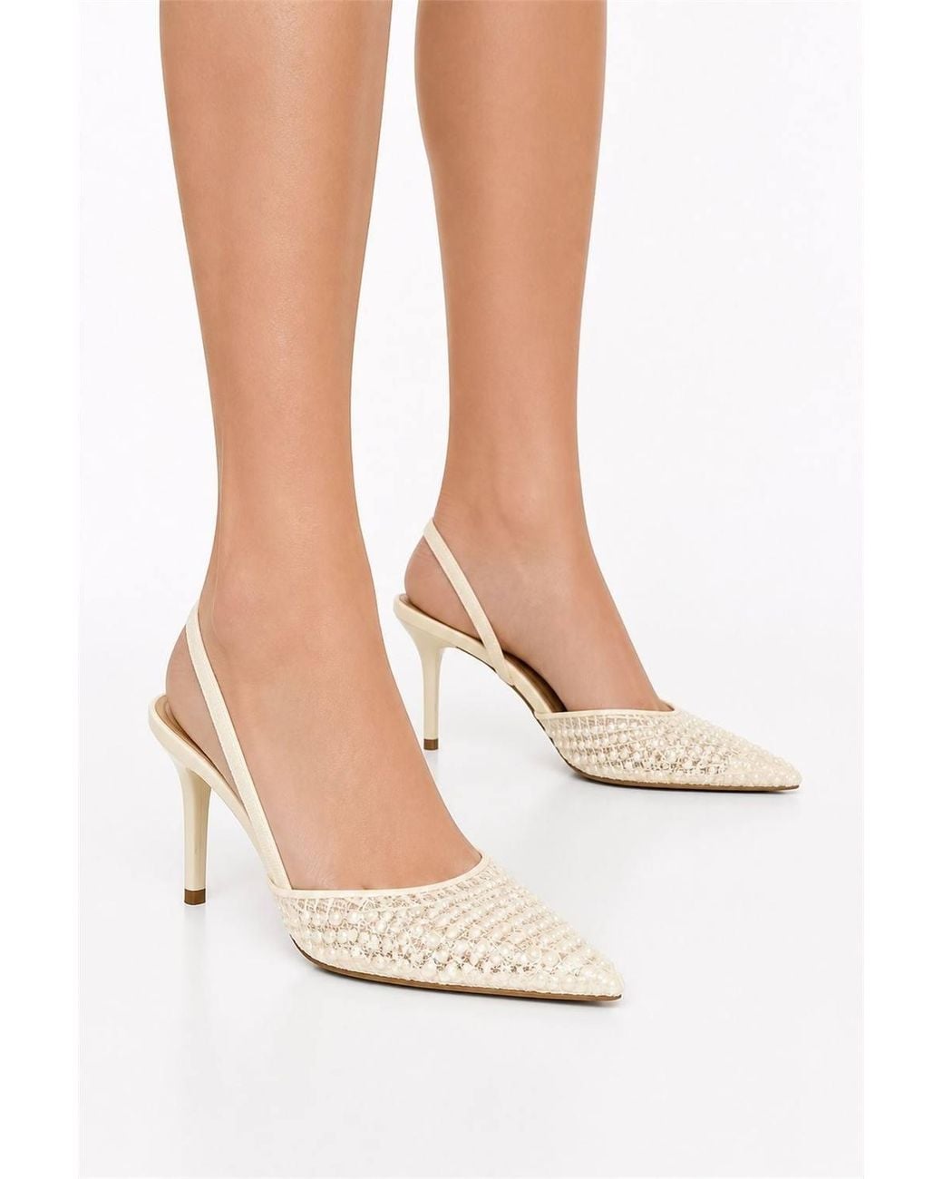 Miss Diva Natural Anusha Pearl Embellished Pointed Court Shoe Slingback Sandals