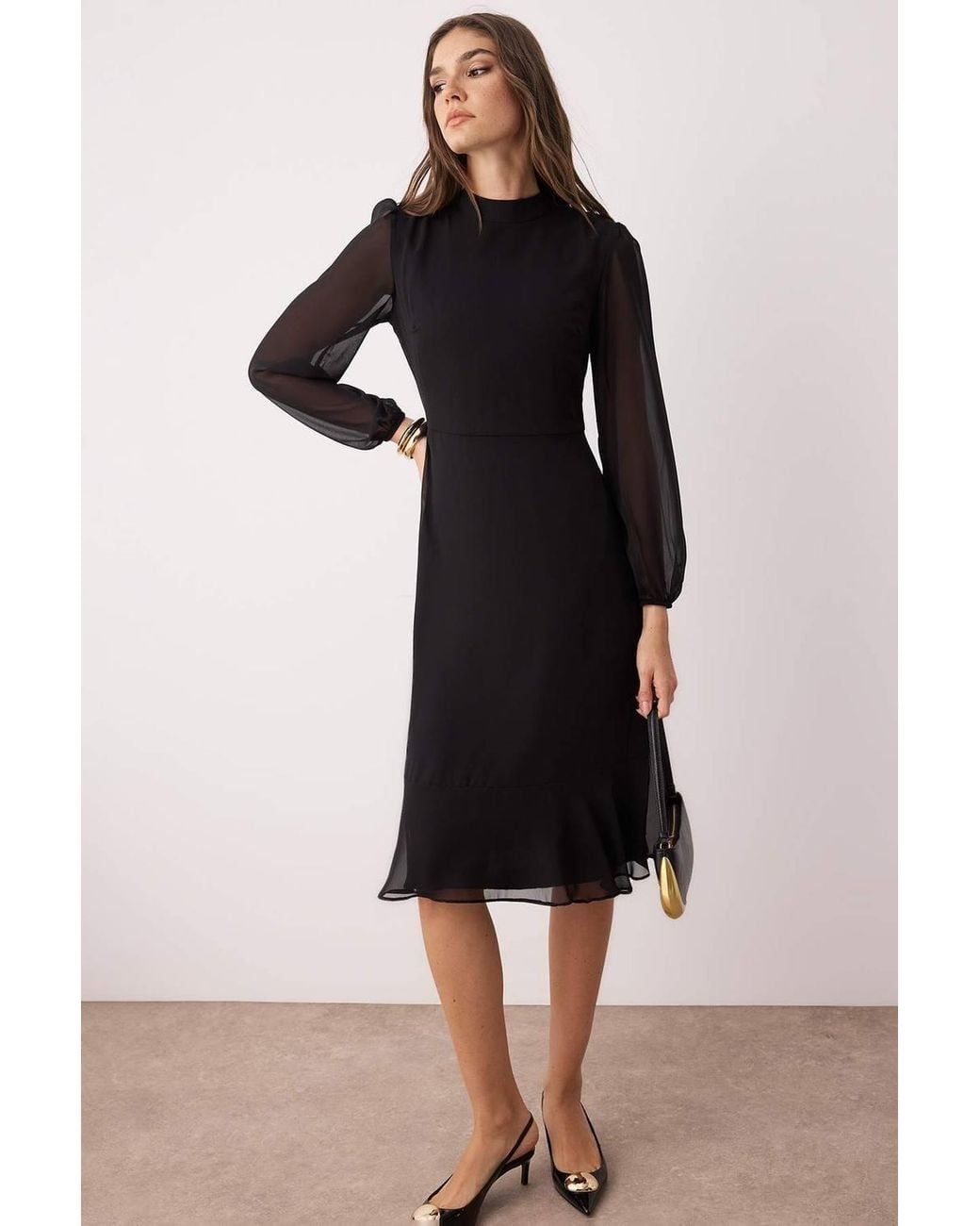 WOVCOR Black High Neck Long Sleeve A-Line Midi Dress