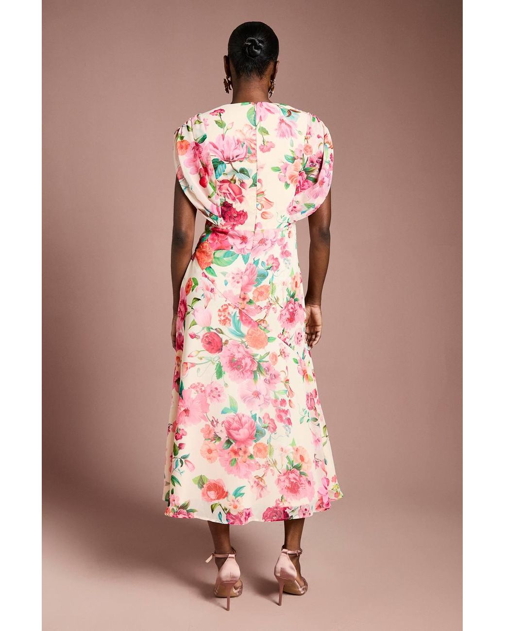 Coast Pink Cap Sleeve Floral Chiffon Midi Dress