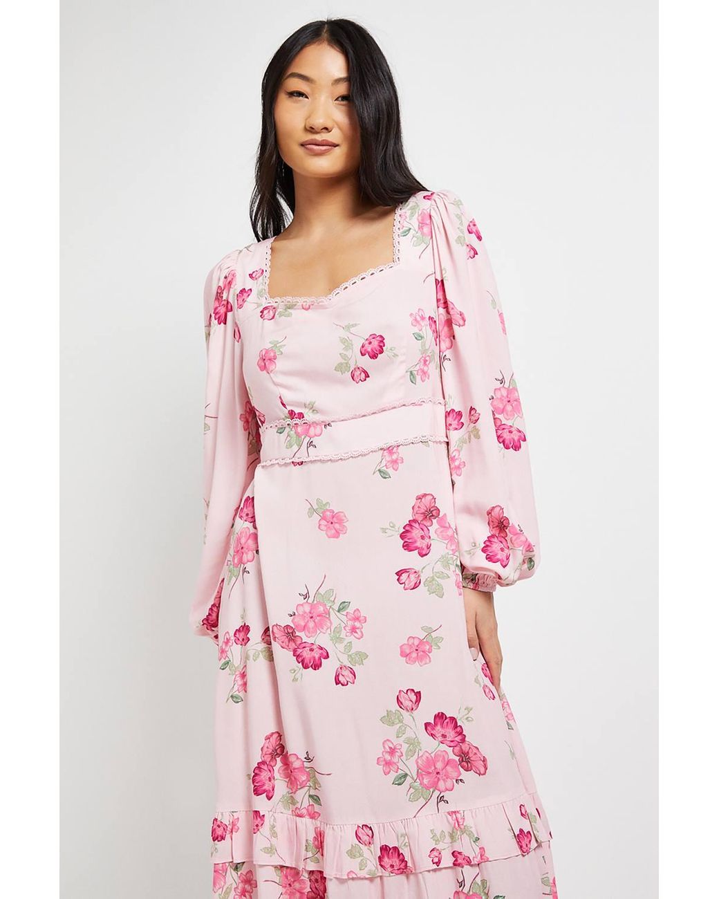 Dorothy Perkins Pink Petite Sweetheart Neck Frill Tier Detail Long Sleeve Maxi Dress