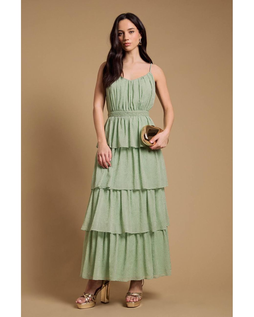 Oasis Green Strappy Tiered Frill Midaxi Dress