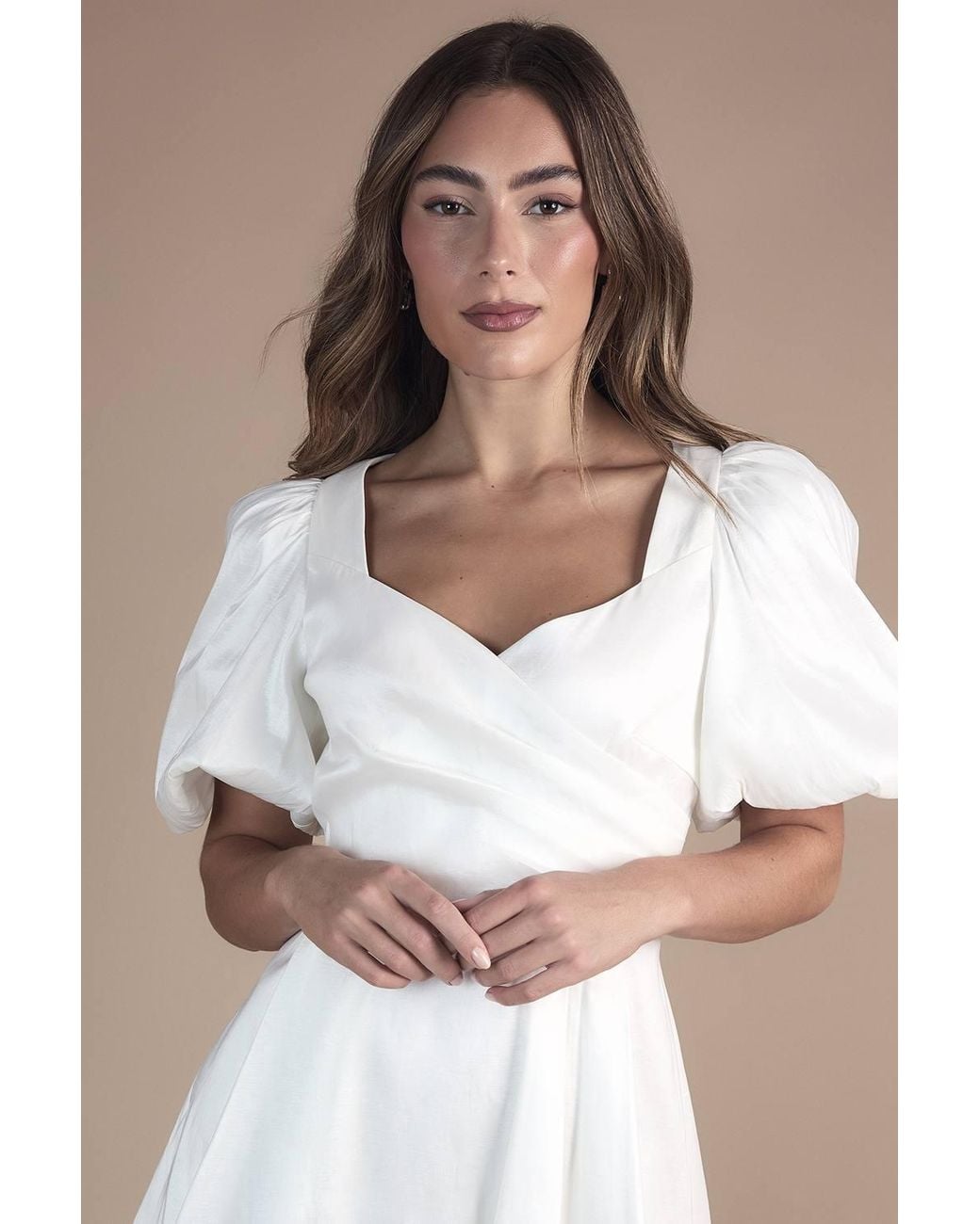 Coast White Puff Sleeve Mini Dress Wedding Dress W/ Tie Back