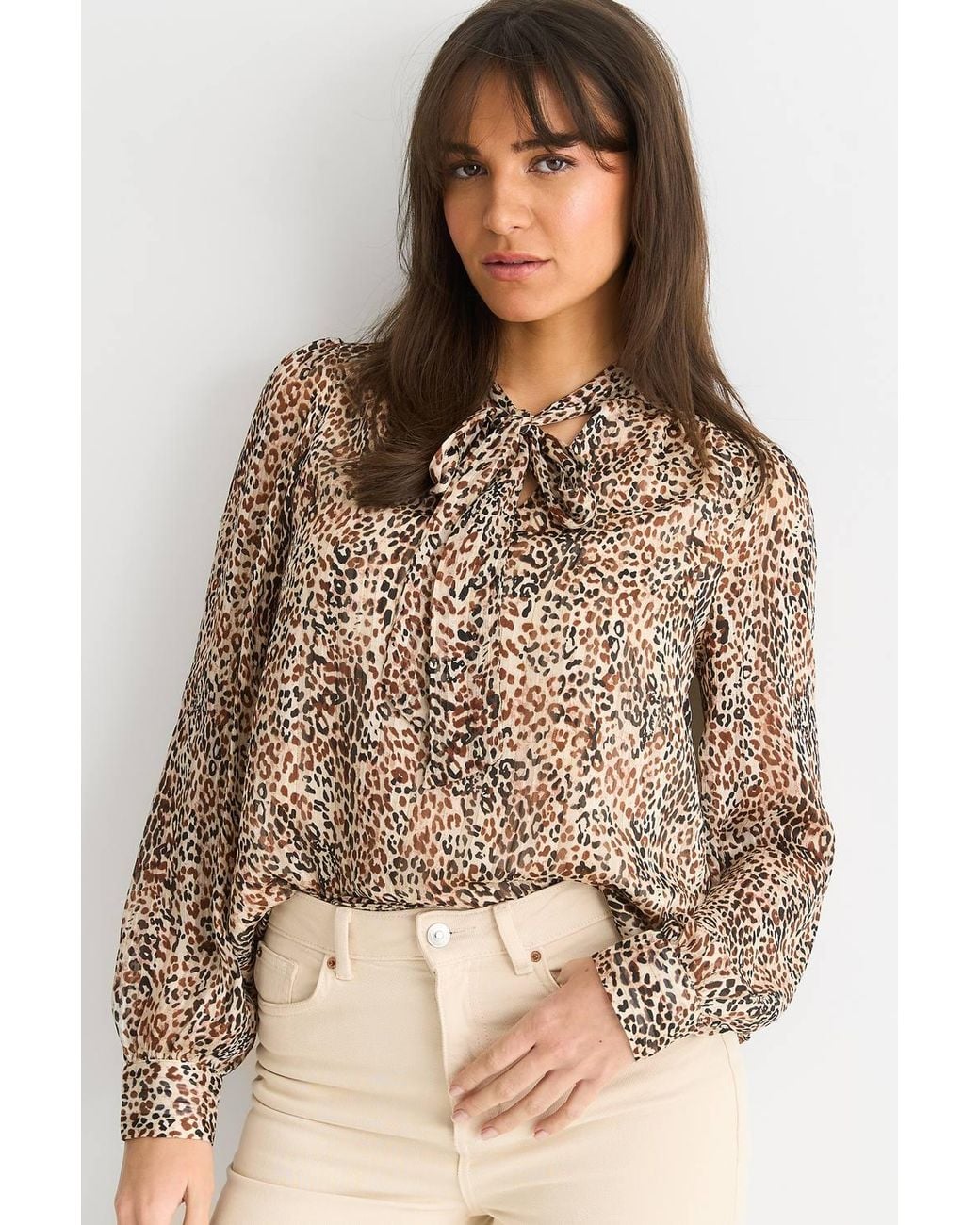 Gini London Natural Animal Print Long Sleeves Tie Neck Blouse