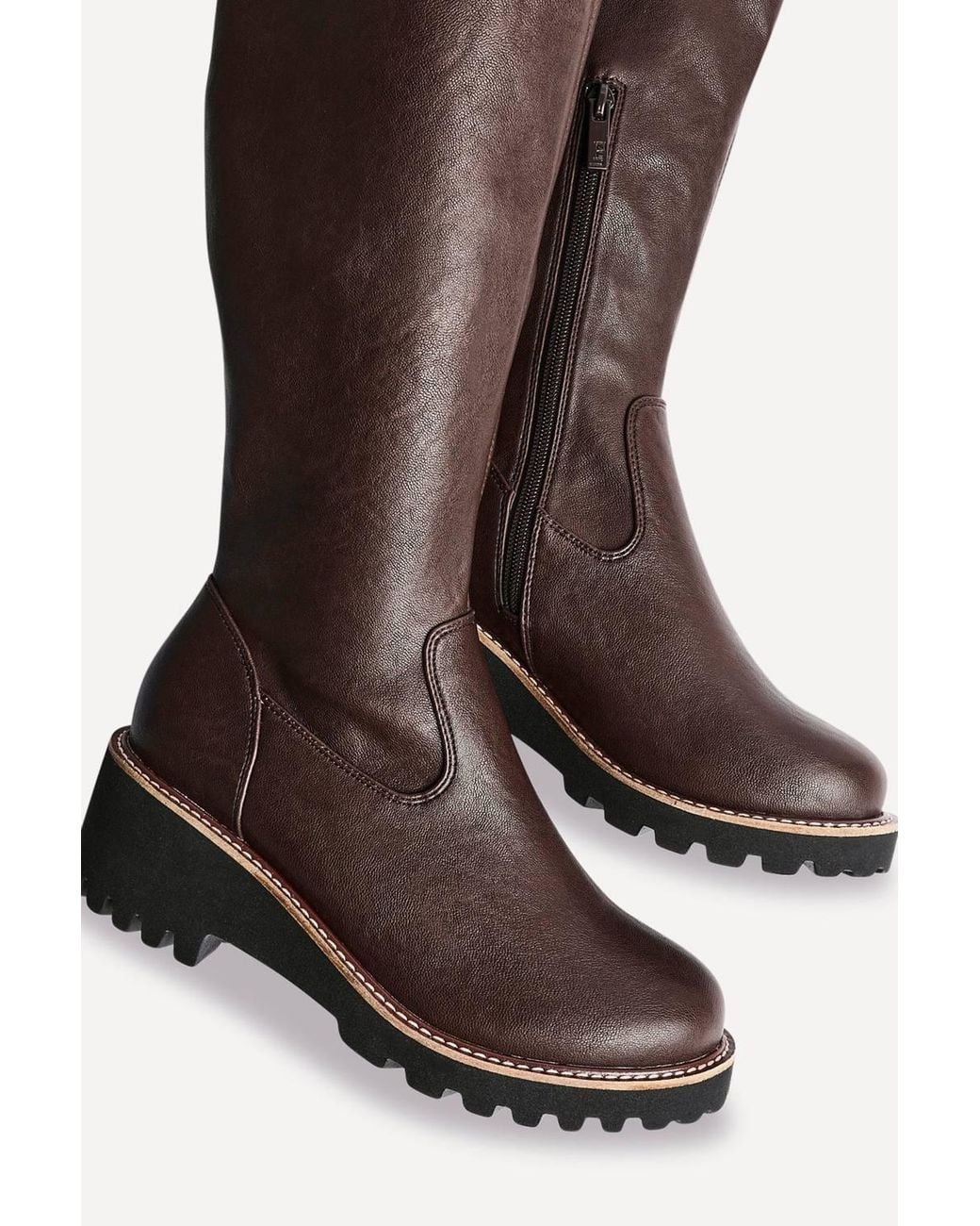 Linzi Black Maintain Wide Fit Faux Leather Stretch High Leg Wedge Boot