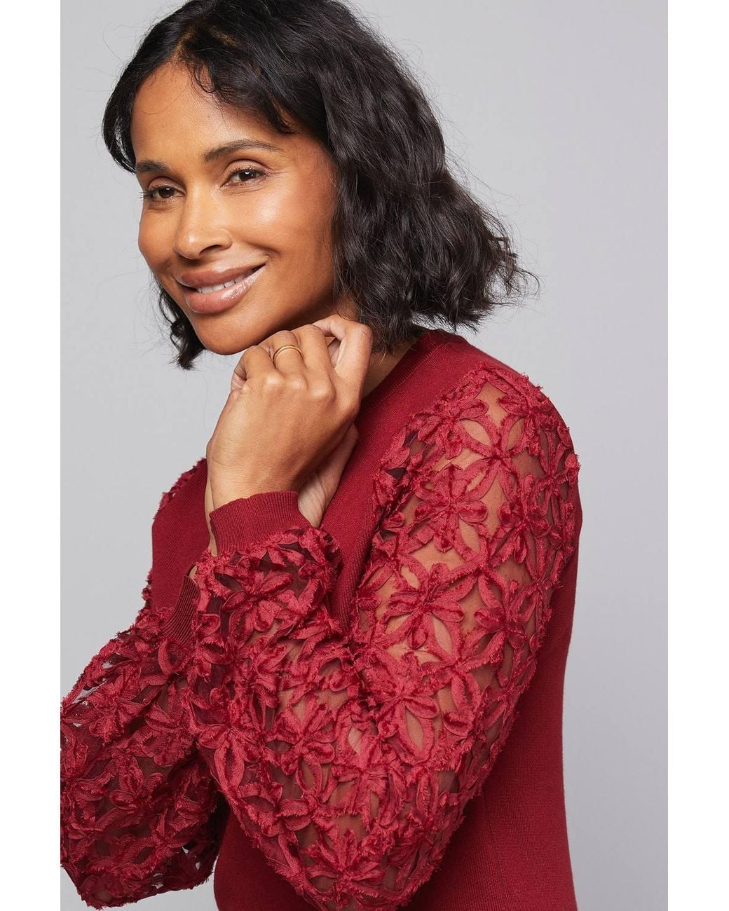 Wallis Red Lace Detail Woven Sleeve Sweater