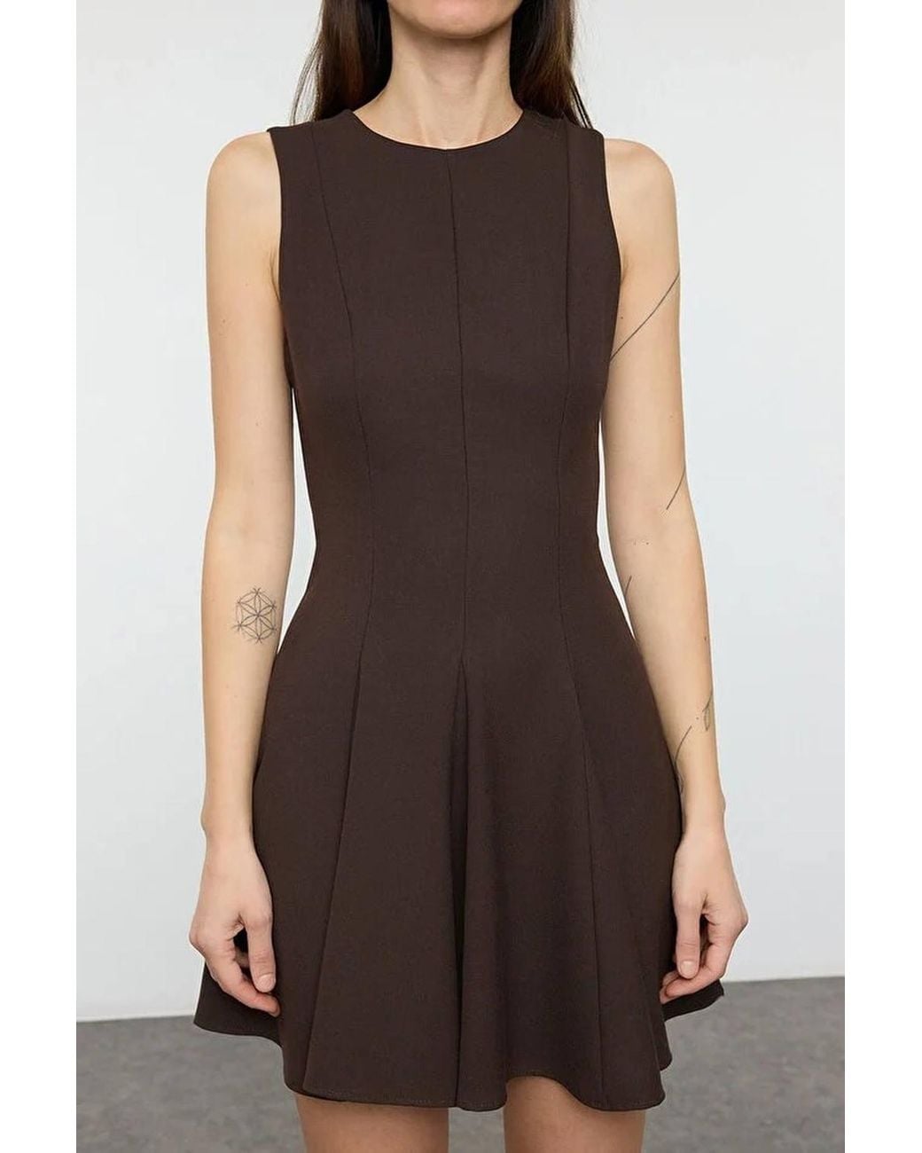 WOVCOR Brown Sleeveless Panelled A-Line Mini Dress W/ Contour Fit
