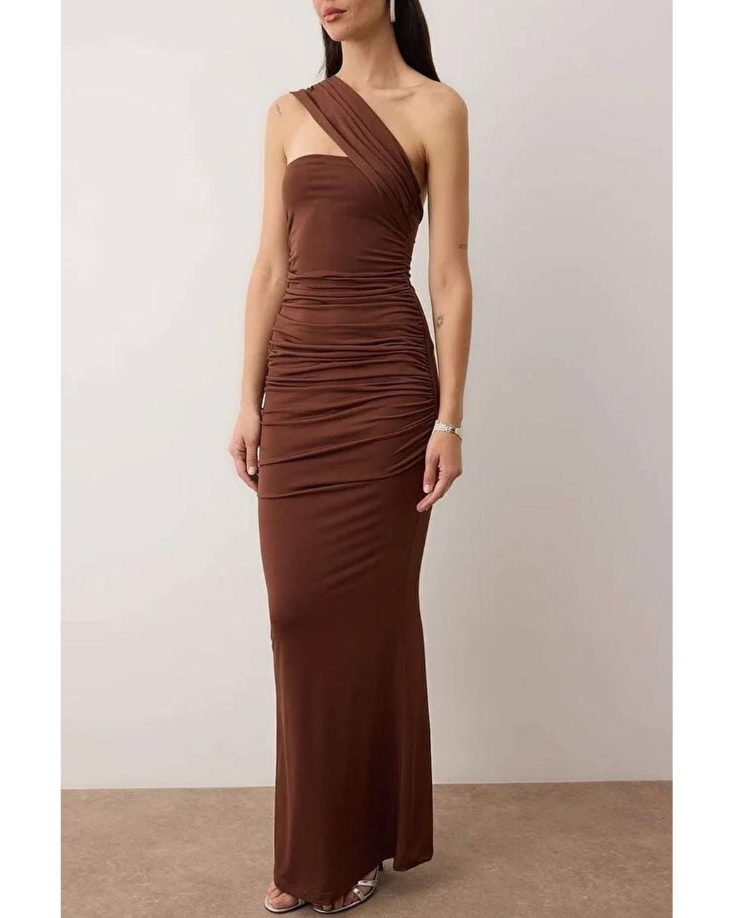 WOVCOR Brown One Shoulder Draped Knit Maxi Evening Dress