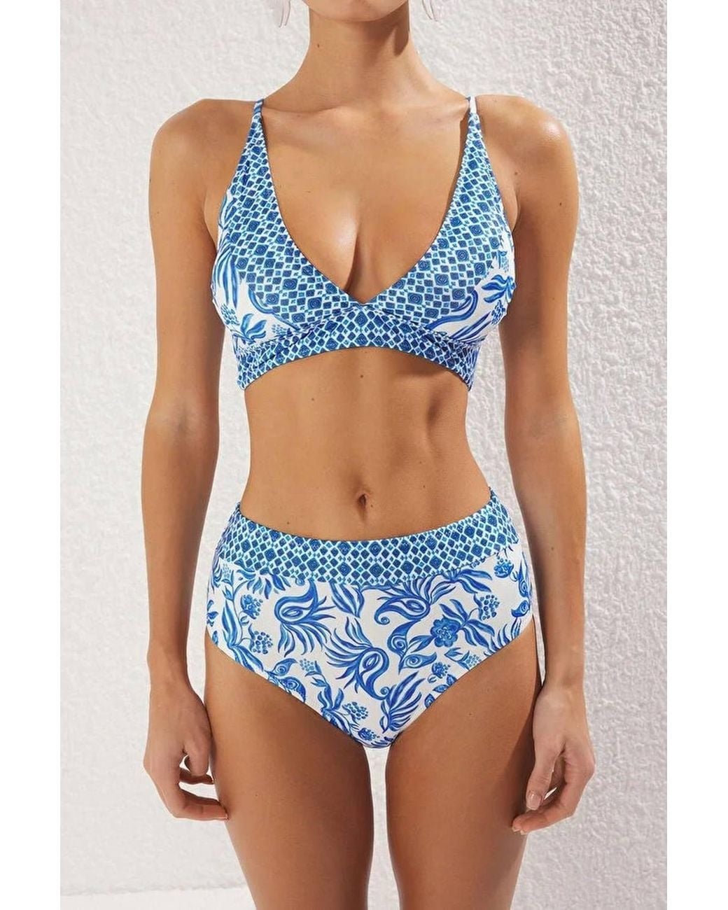 WOVCOR Blue Floral Print Triangle Bikini Set W/ High Waist Bottoms