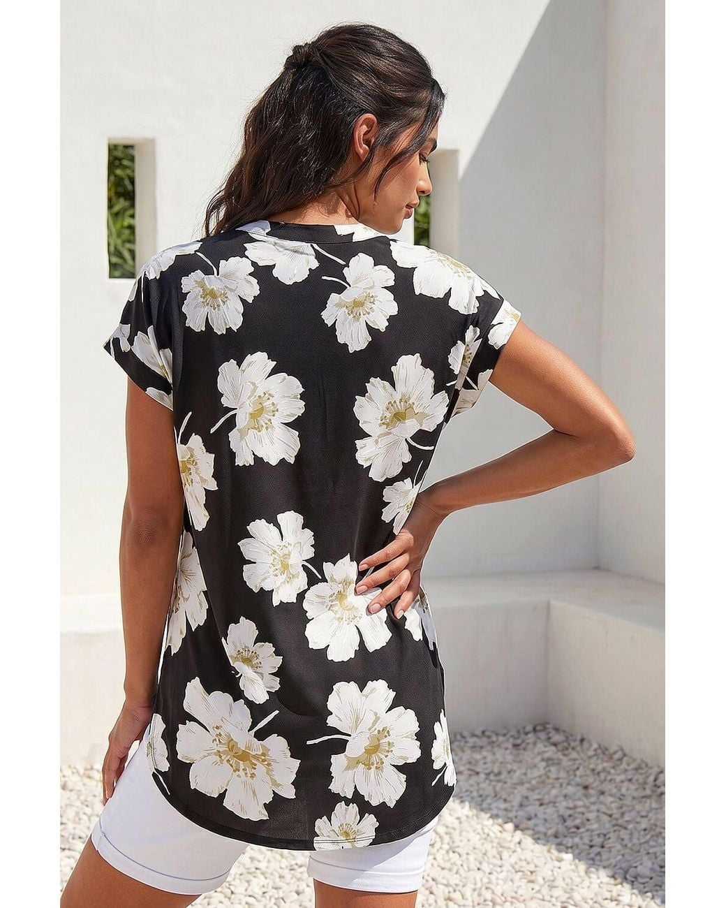 Roman Black Floral Puff Print Stretch Top