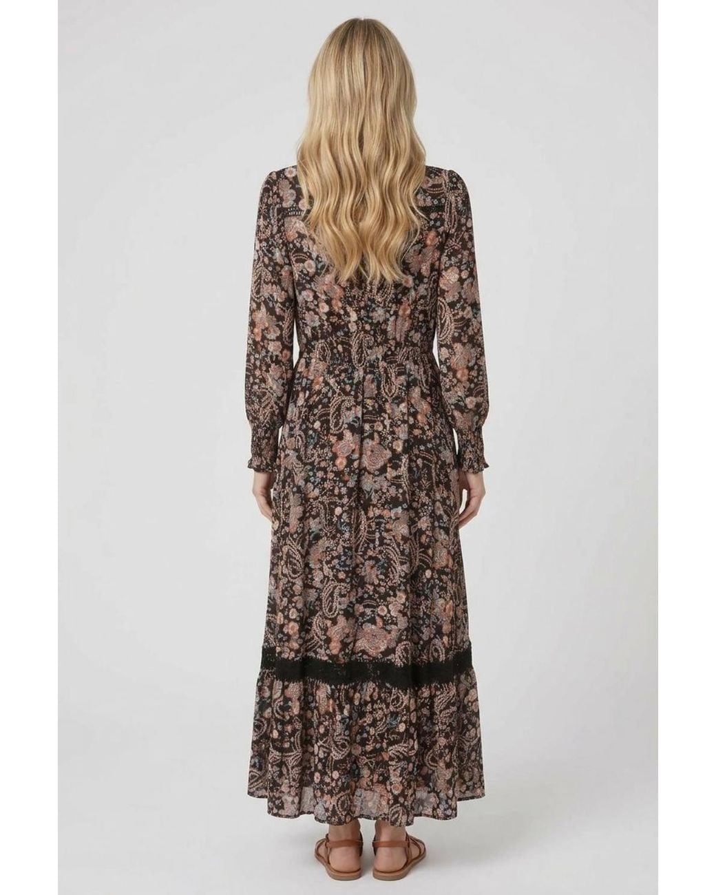 Izabel London Black Paisley Shirred Long Sleeve Maxi Dress