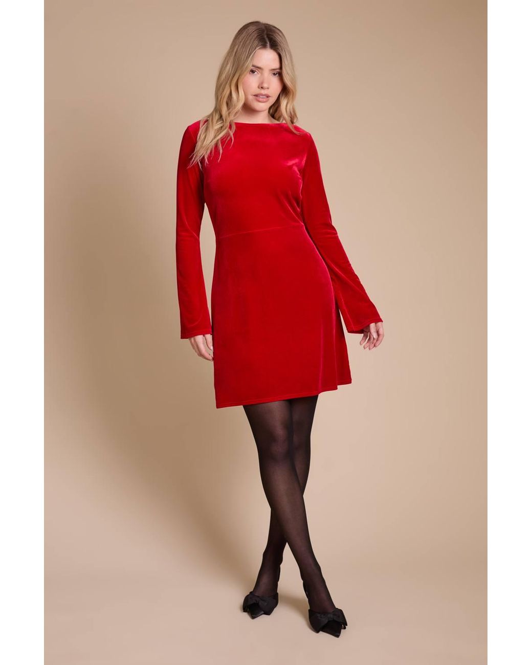 Dorothy Perkins Red Bow Back Long Sleeve Velvet Mini Dress