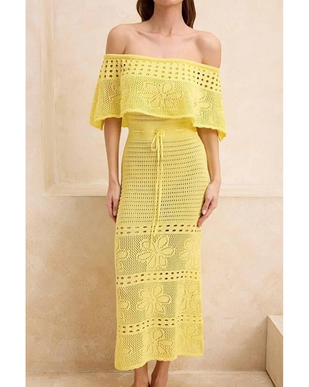 WOVCOR Yellow Knitted Bardot Maxi Beach Dress W/ Crochet Detail