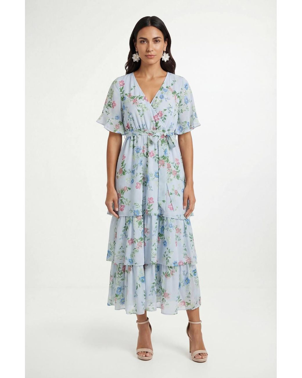 Wallis Blue Petite Floral Print Ruffle Maxi Dress