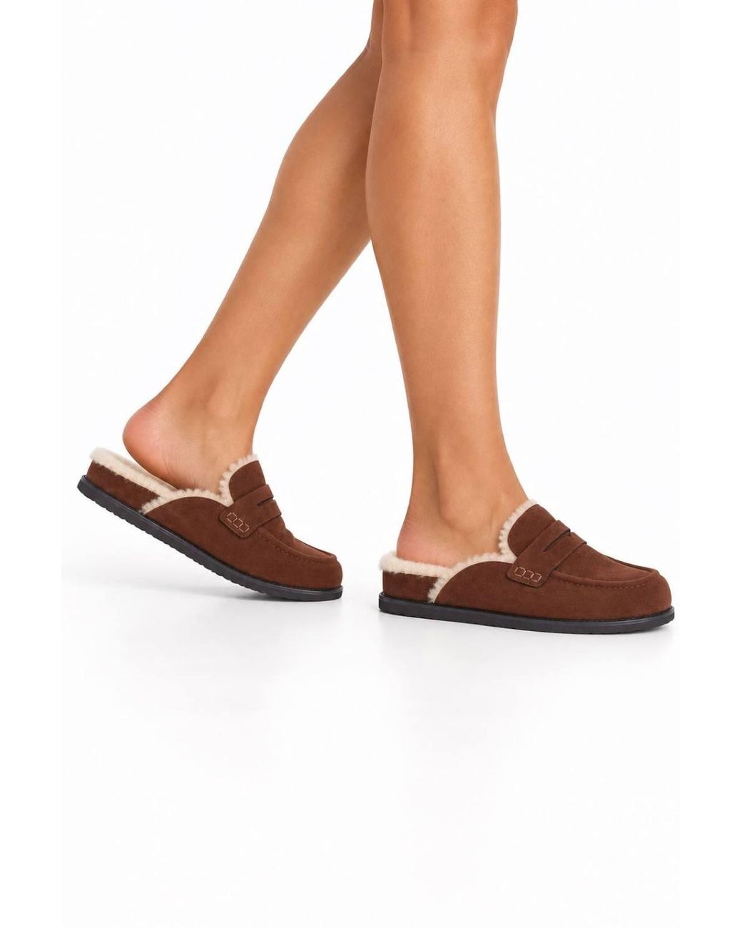 Miss Diva Brown Alviera Fur Detail Backless Mule Loafer Slippers