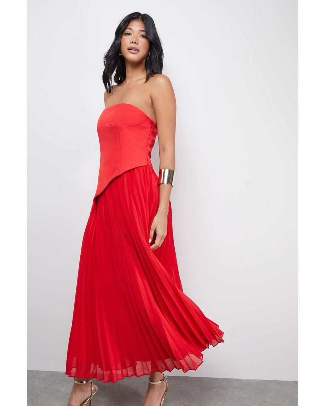 Warehouse Red Bandeau Bodice Pleated Chiffon Midi Dress