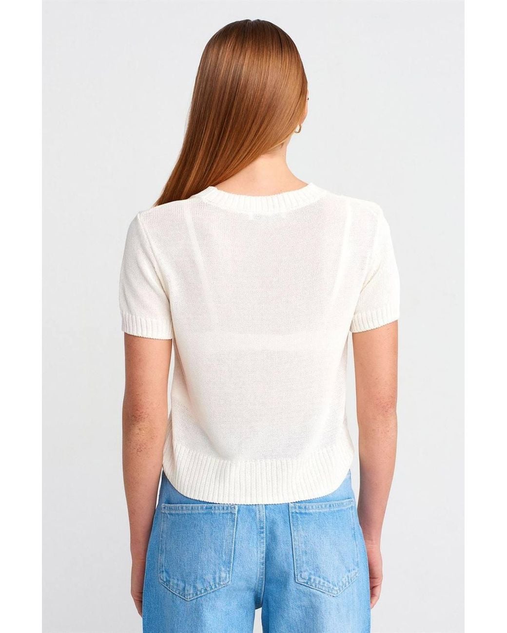 Dilvin White Ribbed Crew Neck Short-Sleeve Sweater