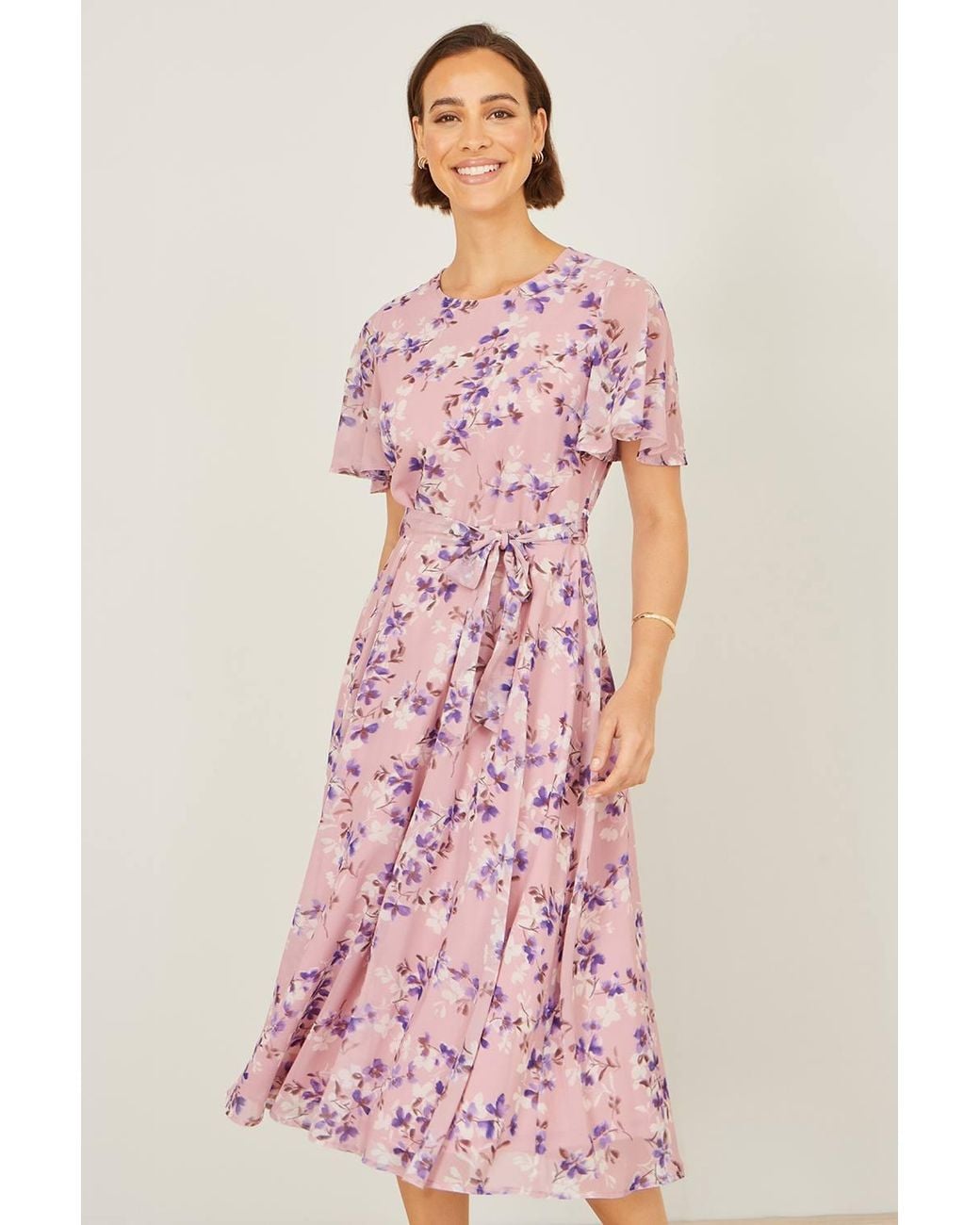 Yumi' Pink Blossom Skater Midi Dress W/ Angel Sleeves