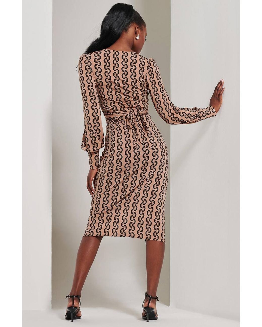 Jolie Moi Natural Print Long Sleeve Jersey Pencil Dress