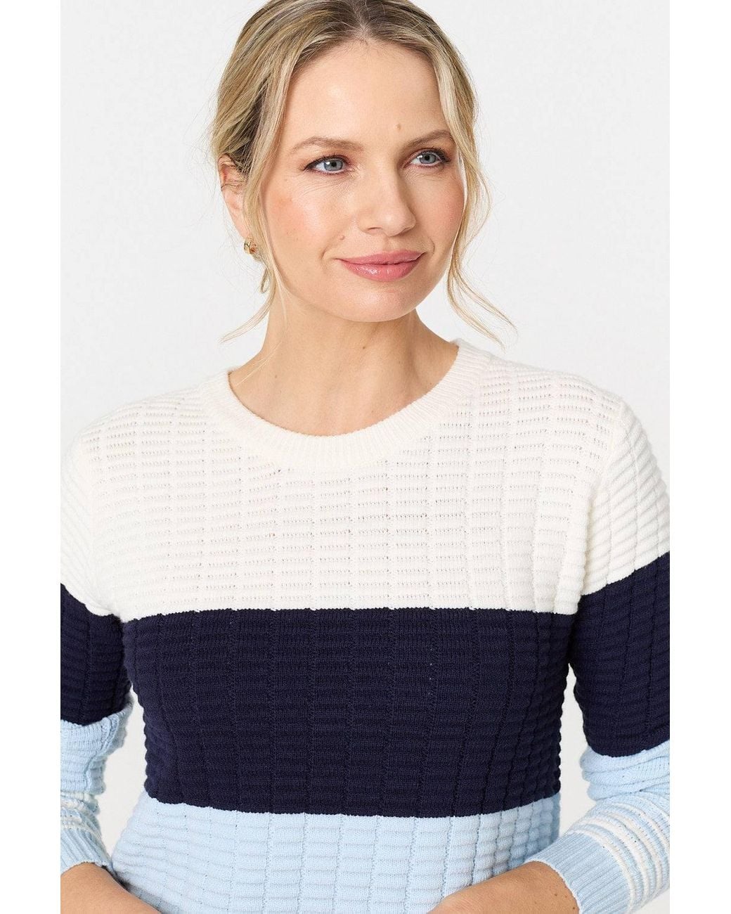 Izabel London Blue Colour Block Textured Curve Hem Jumper