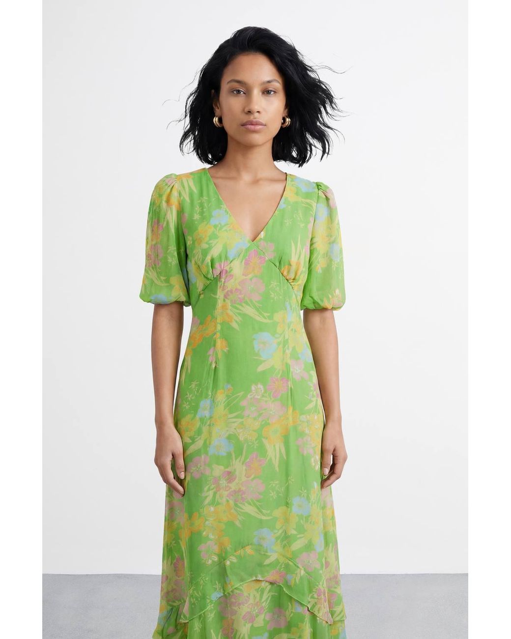 Warehouse Green Floral Printed Viscose Floral Midi Dress