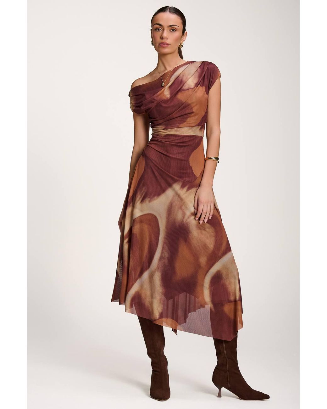 Jolie Moi Brown Asymmetric Draped Mesh Dress