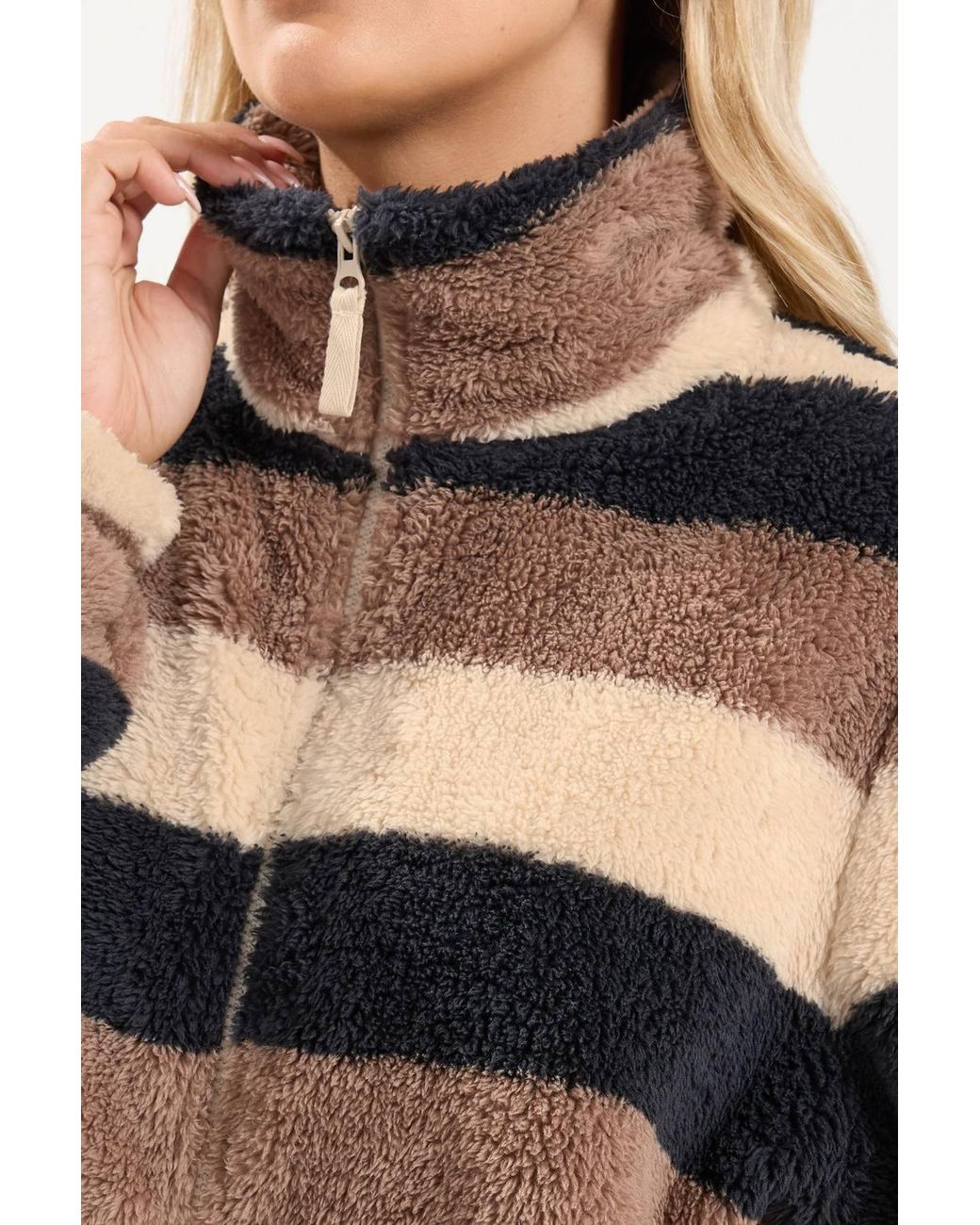 Yours Brown Stripe Print Zip Through Fleece