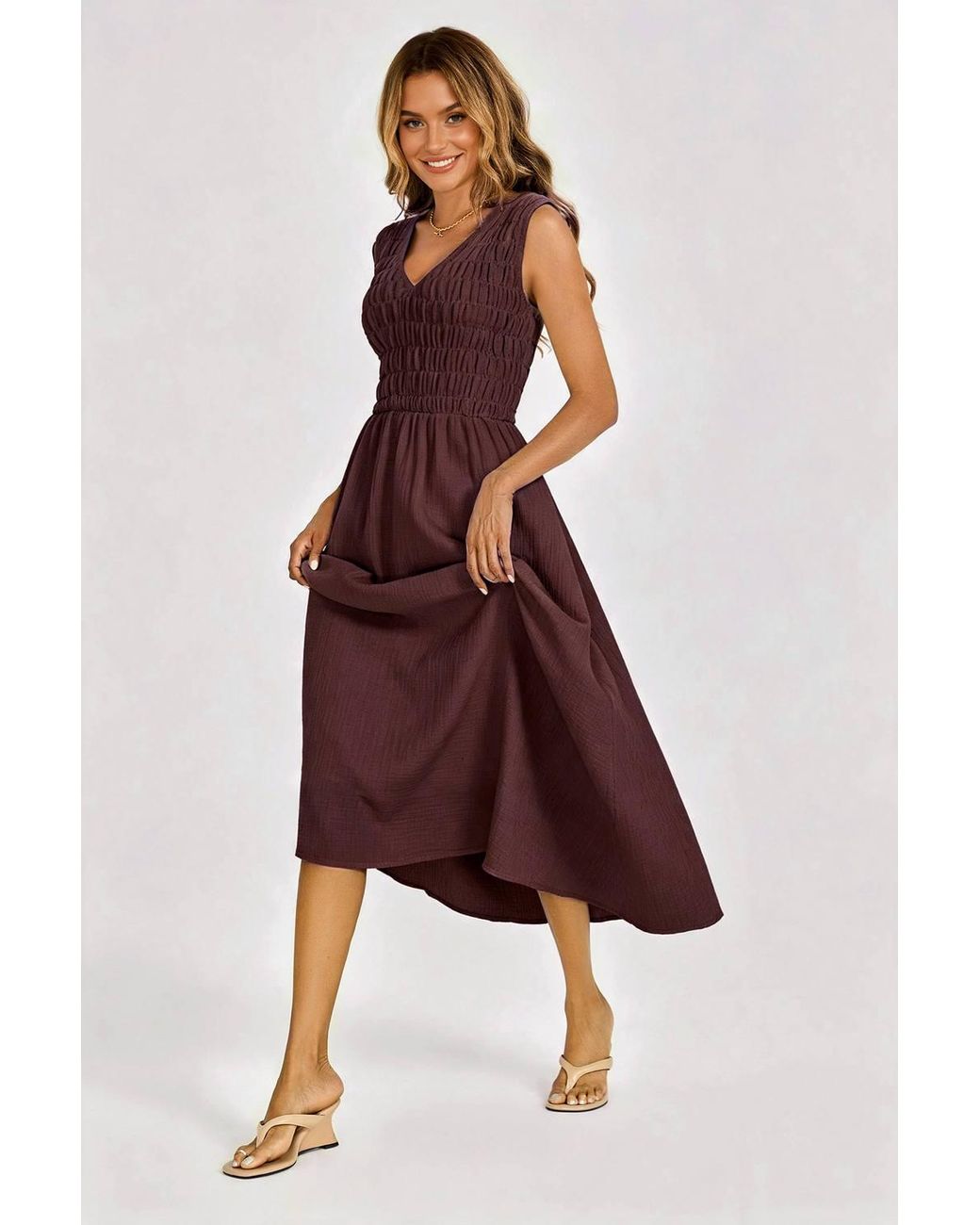 FS Collection Purple Sleeveless Shirred Bodice Midi Dress