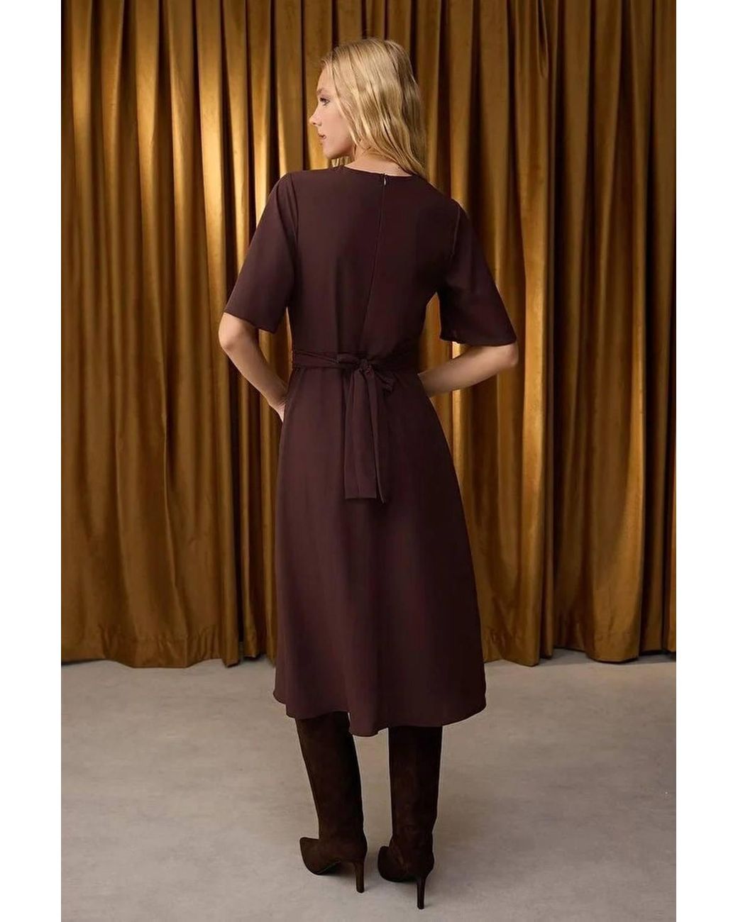 WOVCOR Brown Belted Midi Dress W/ Ring Detail